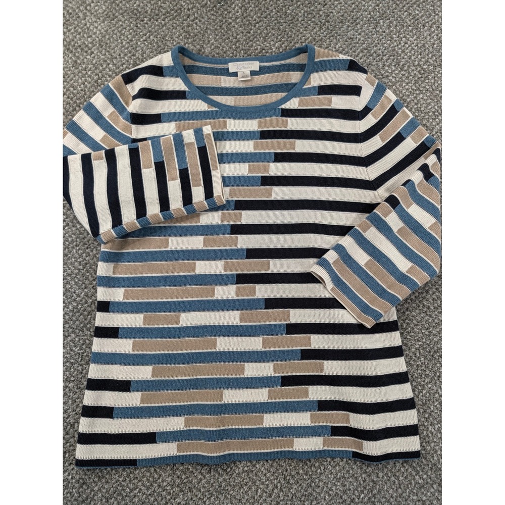 Christopher & Banks Blue Tan Striped Geometric Knit Sweater Top Large L